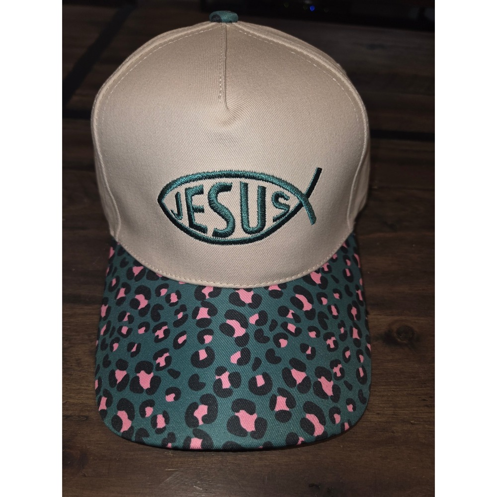 Zenana Jesus Fish Leopard Print Brim Baseball Cap Hat Beige Green Pink New